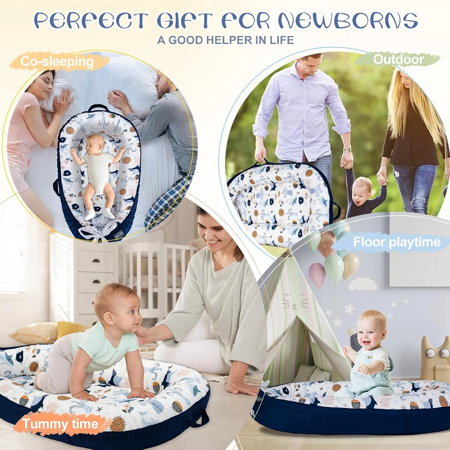 Baby Lounger, Infant Lounger for Newborn 0-24 Months, Breathable and Soft 100% Cotton Baby Nest Cover, Babies Essentials Gifts, Portable Co-Sleeping Baby Bed for Home and Travel