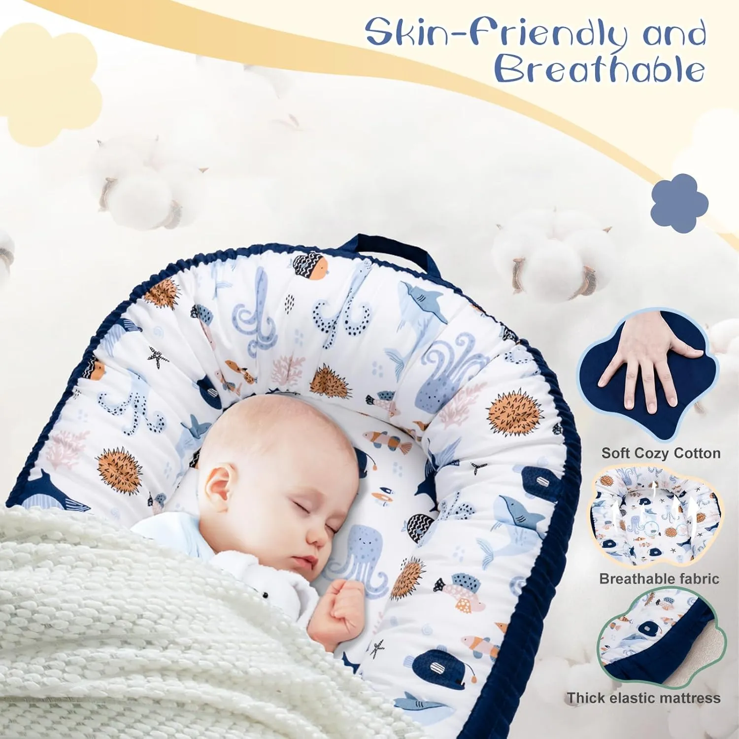 Baby Lounger, Infant Lounger for Newborn 0-24 Months, Breathable and Soft 100% Cotton Baby Nest Cover, Babies Essentials Gifts, Portable Co-Sleeping Baby Bed for Home and Travel