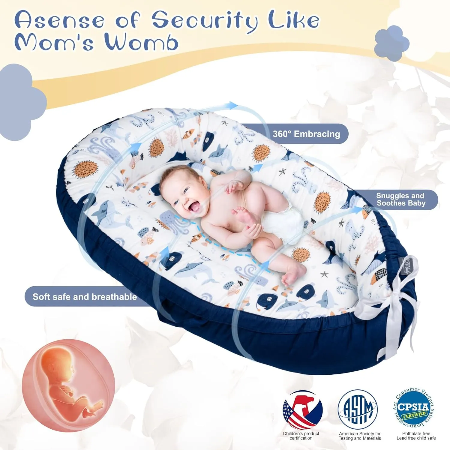 Baby Lounger, Infant Lounger for Newborn 0-24 Months, Breathable and Soft 100% Cotton Baby Nest Cover, Babies Essentials Gifts, Portable Co-Sleeping Baby Bed for Home and Travel