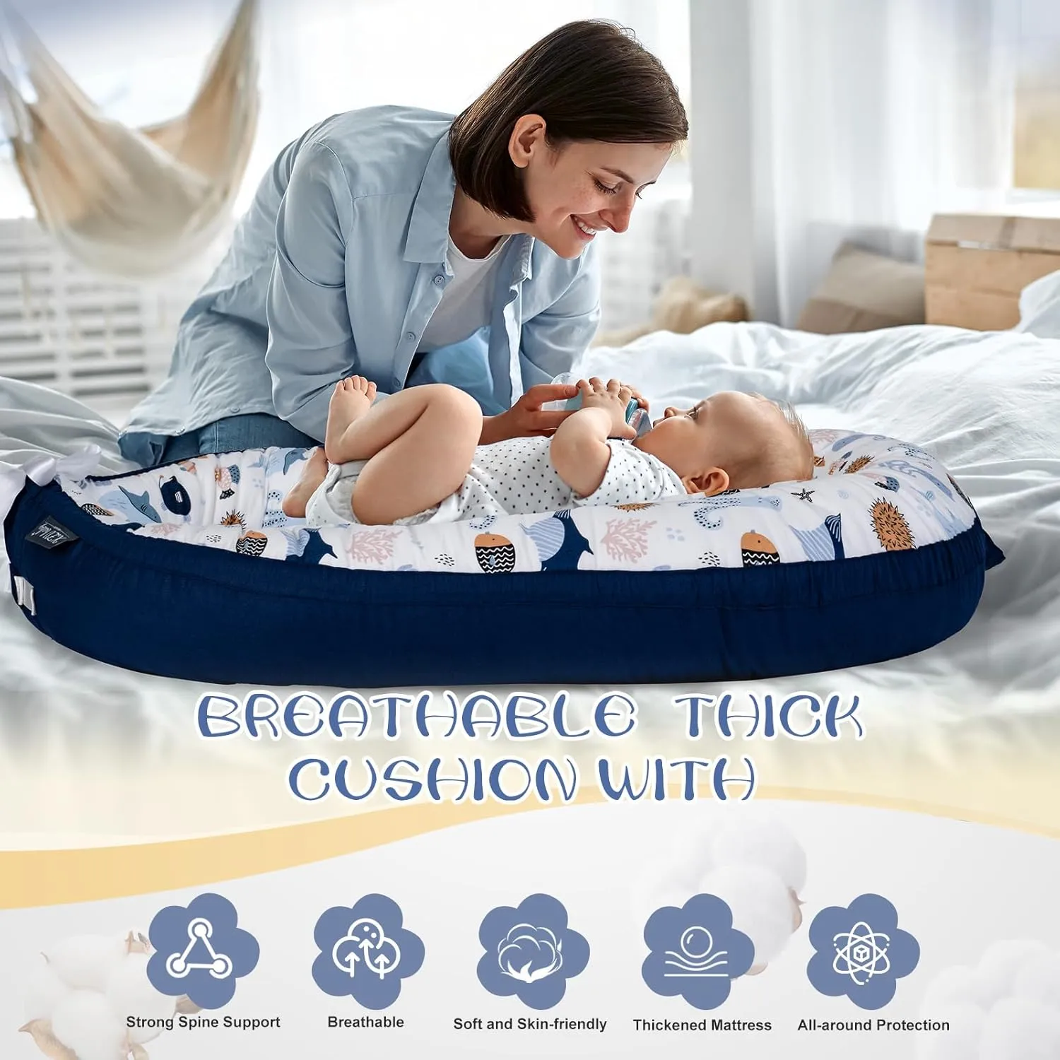 Baby Lounger, Infant Lounger for Newborn 0-24 Months, Breathable and Soft 100% Cotton Baby Nest Cover, Babies Essentials Gifts, Portable Co-Sleeping Baby Bed for Home and Travel