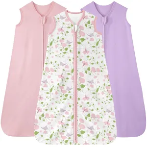 Baby Sleep Sack 0-6 months, 100% Cotton Sleeping Sack for Newborn and Infant, 3 Pack Baby Wearable Blanket, 0.5 Tog Lightweight Double Zipper Sleep Bag Pink Butterfly