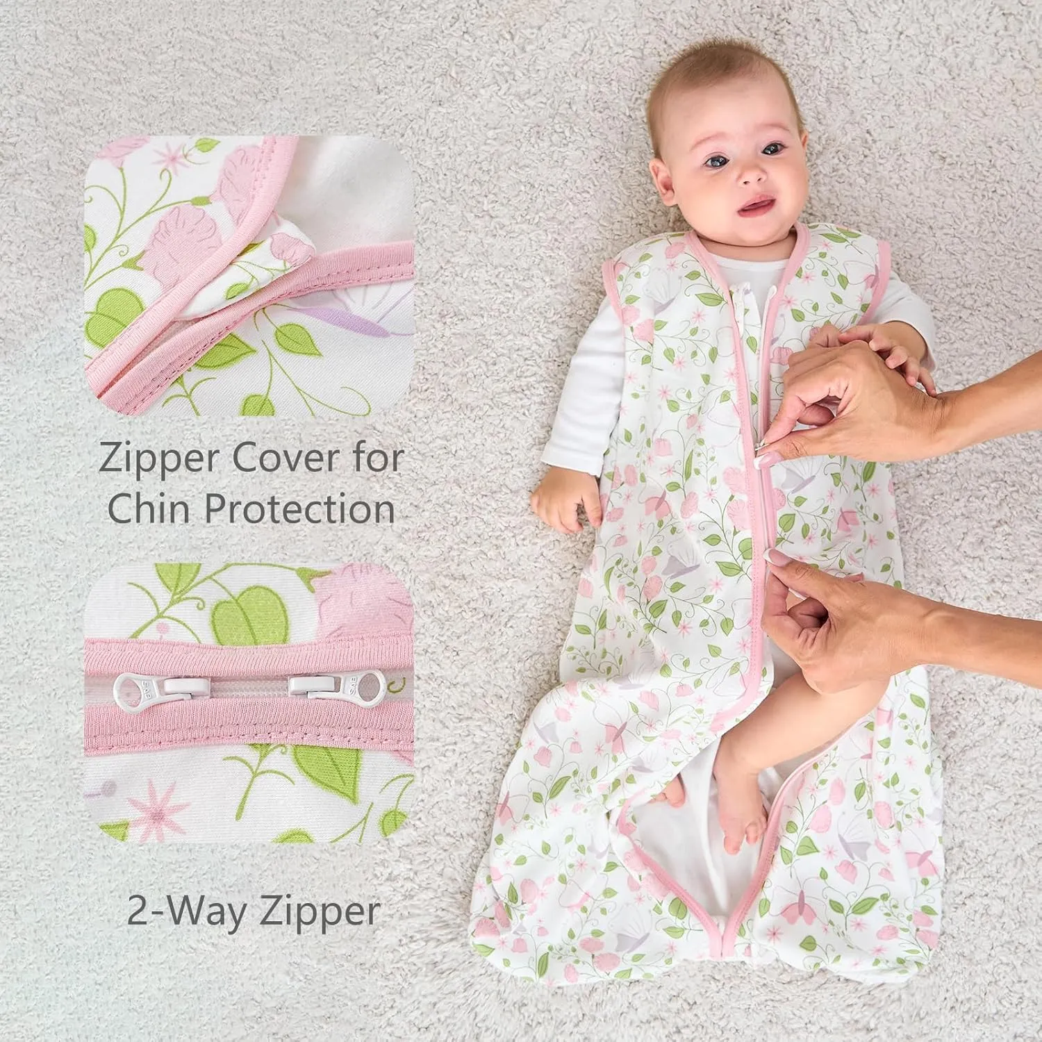 Baby Sleep Sack 0-6 months, 100% Cotton Sleeping Sack for Newborn and Infant, 3 Pack Baby Wearable Blanket, 0.5 Tog Lightweight Double Zipper Sleep Bag Pink Butterfly