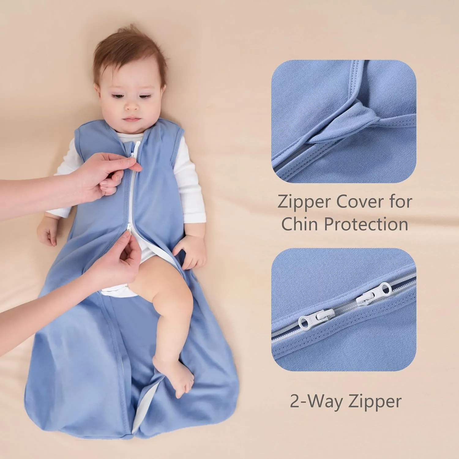 Baby Sleep Sack 18-24 Months, 100% Cotton Sleeping Sack for Newborn and Infant, 3 Pack Baby Wearable Blanket, 0.5 Tog Lightweight Double Zipper Sleep Bag Cyan