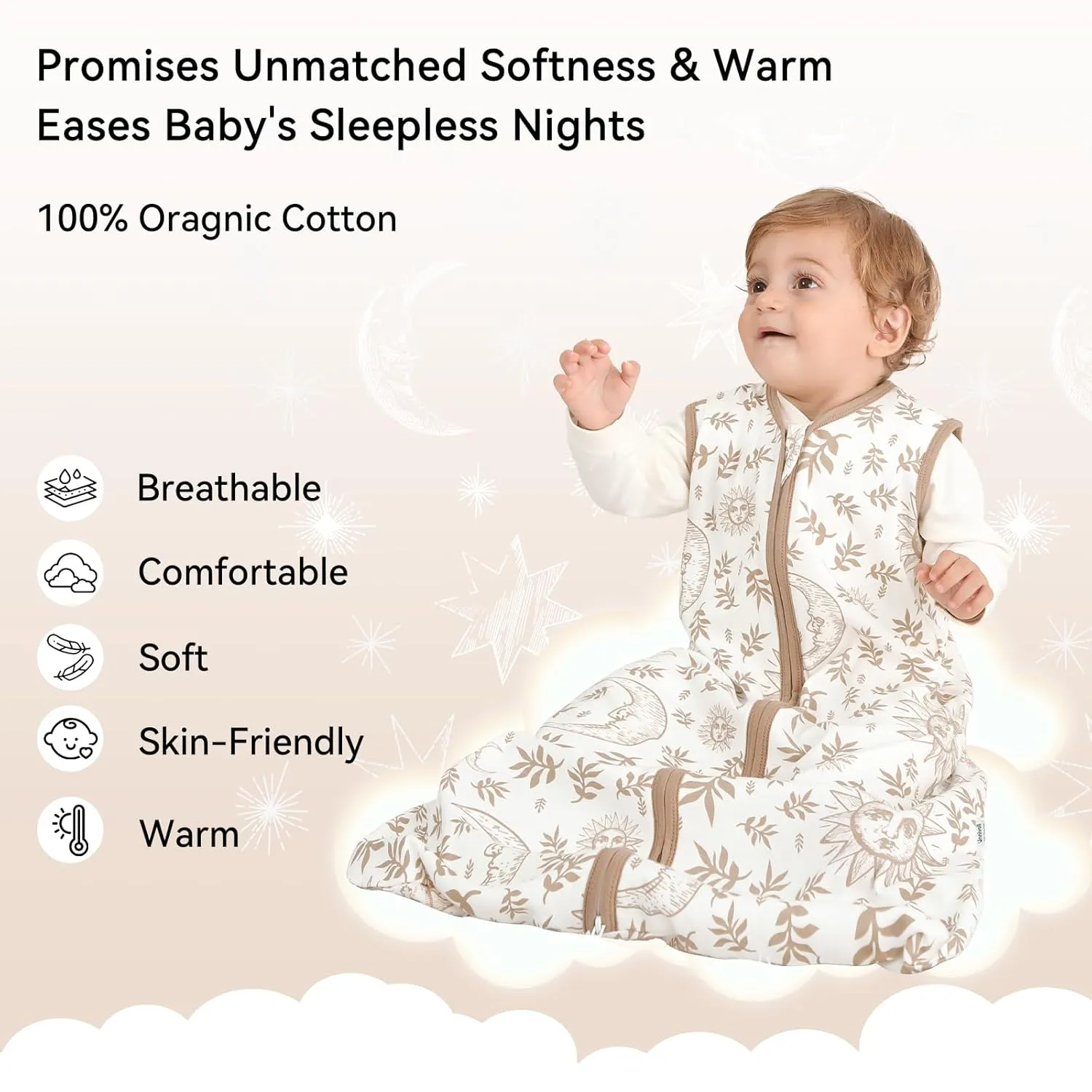 Baby Sleep Sack 18-24 Months 3 Pack 100% Cotton Lightweight 0.5 TOG Wearable Blanket Baby Sleep Bag with 2-Way Zipper for Toddler Beige