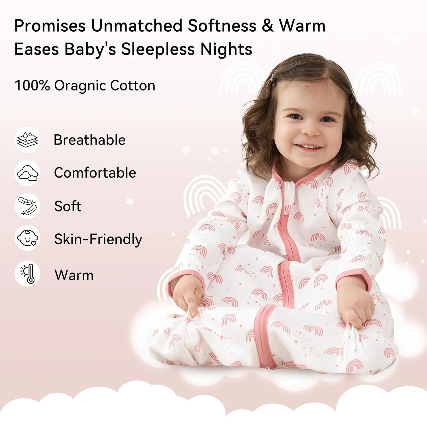 Baby Sleep Sack 6-12 Months 100% Cotton Long Sleeve Wearable Blanket Baby Sleep Bag with 2-Way Zipper 2 Pack 0.5 Tog Sleeping Sack for Newborn Infant White Pink Rainbow