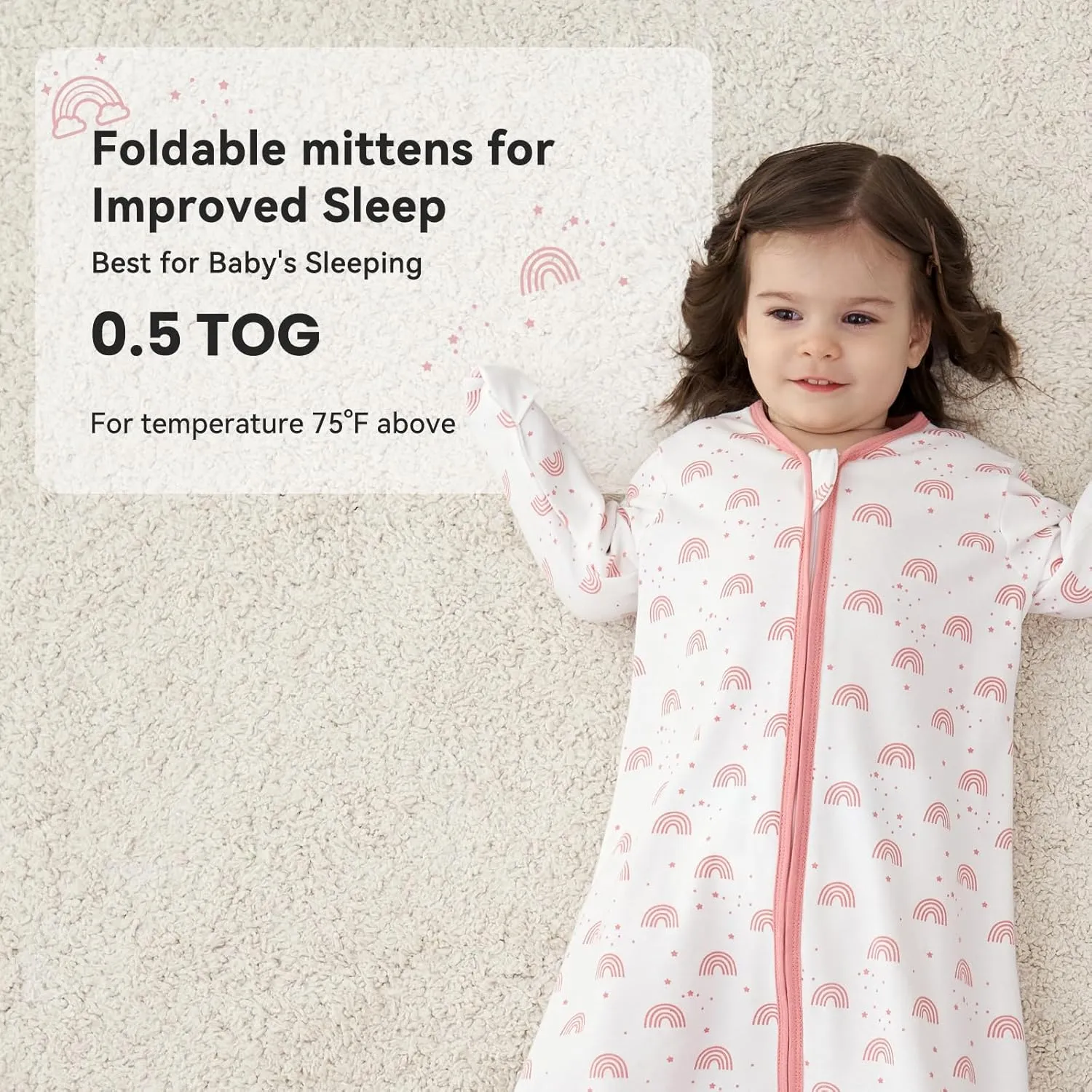 Baby Sleep Sack 6-12 Months 100% Cotton Long Sleeve Wearable Blanket Baby Sleep Bag with 2-Way Zipper 2 Pack 0.5 Tog Sleeping Sack for Newborn Infant White Pink Rainbow
