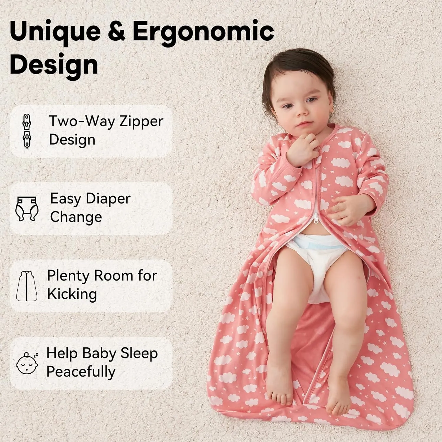 Baby Sleep Sack 6-12 Months 100% Cotton Long Sleeve Wearable Blanket Baby Sleep Bag with 2-Way Zipper 2 Pack 0.5 Tog Sleeping Sack for Newborn Infant White Pink Rainbow