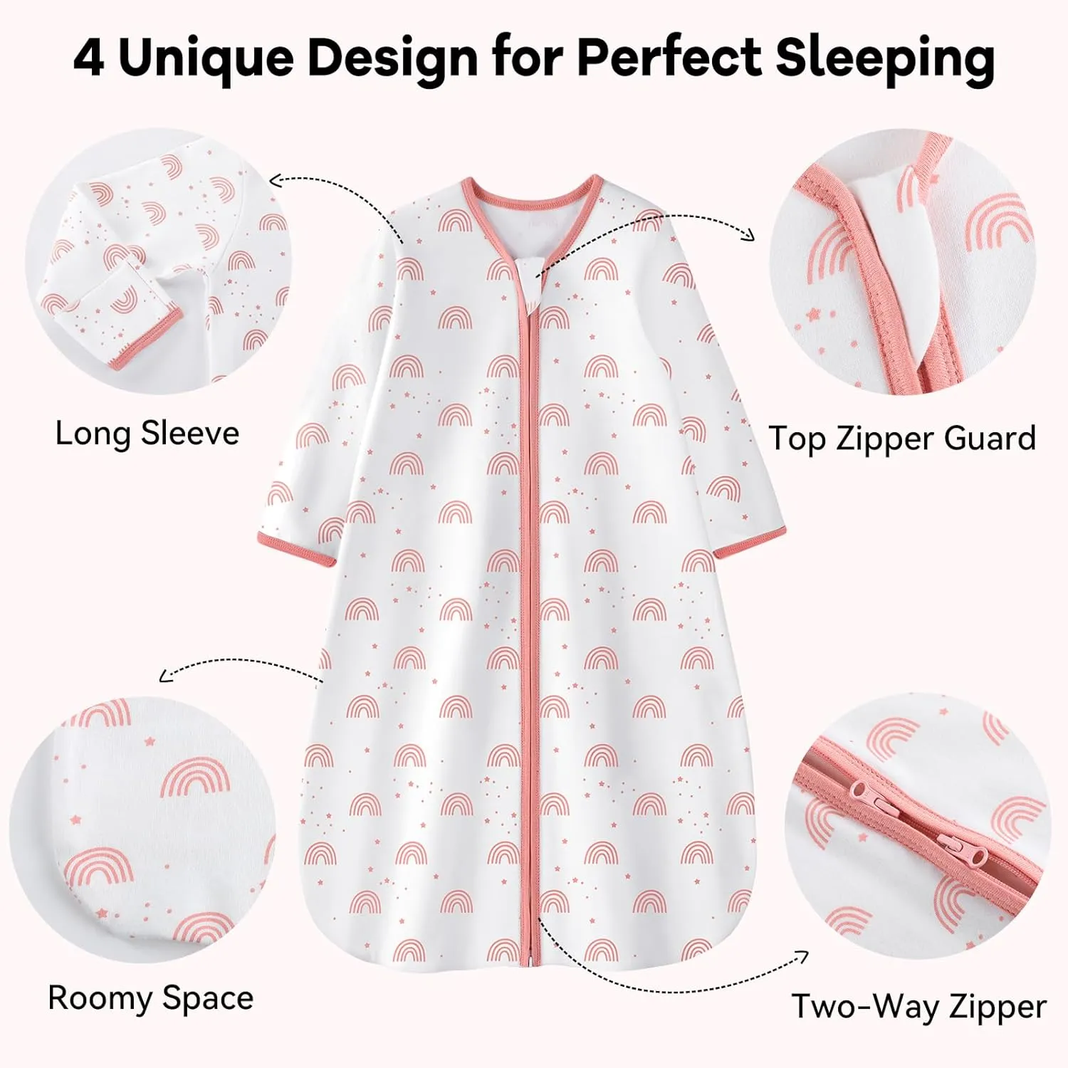 Baby Sleep Sack 6-12 Months 100% Cotton Long Sleeve Wearable Blanket Baby Sleep Bag with 2-Way Zipper 2 Pack 0.5 Tog Sleeping Sack for Newborn Infant White Pink Rainbow