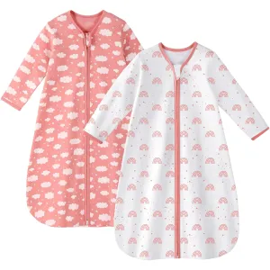 Baby Sleep Sack 6-12 Months 100% Cotton Long Sleeve Wearable Blanket Baby Sleep Bag with 2-Way Zipper 2 Pack 0.5 Tog Sleeping Sack for Newborn Infant White Pink Rainbow
