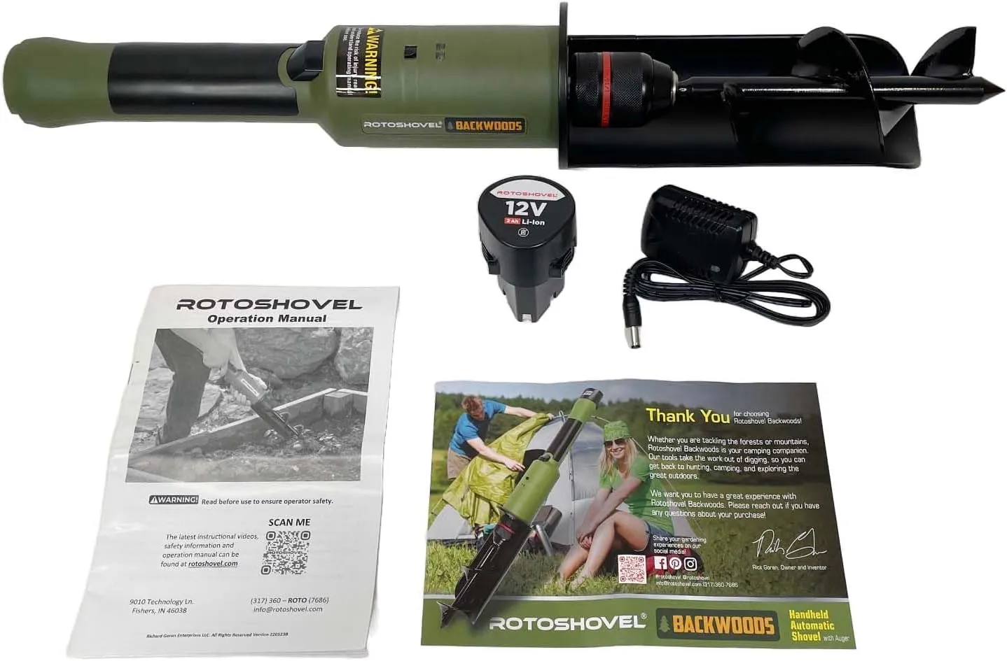 Backwoods - Powered Handheld Shovel with Auger & Safety Shutoff for Camping, Hunting & RV - 12 Volt Battery & Charger Included