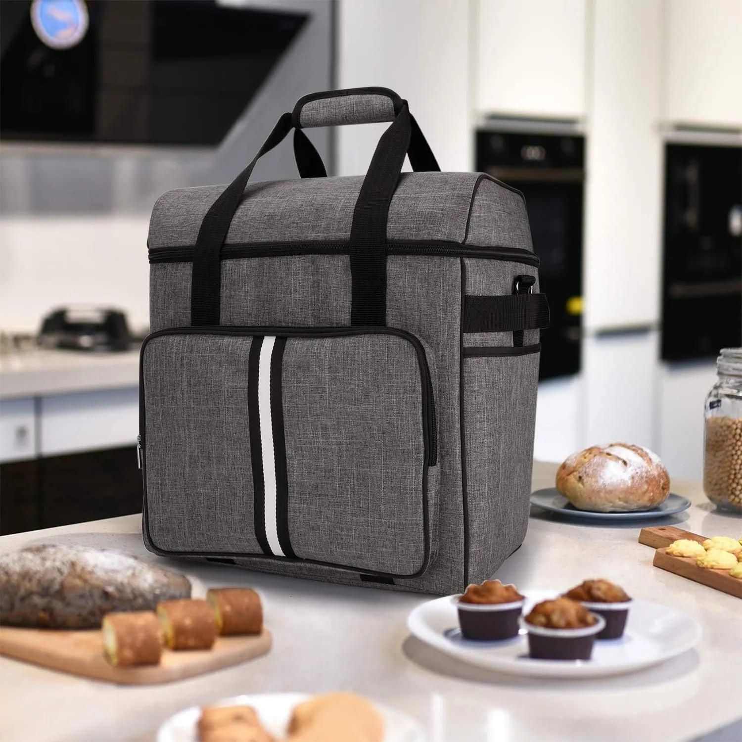 BAGLHER Heavy Duty Kitchen Mixer Cover for 6-8 Quart Stand Mixers, 2-in-1 Shoulder & Hand Carrying Case with Accessory Pockets (15”x10.5”x17”, Grey)