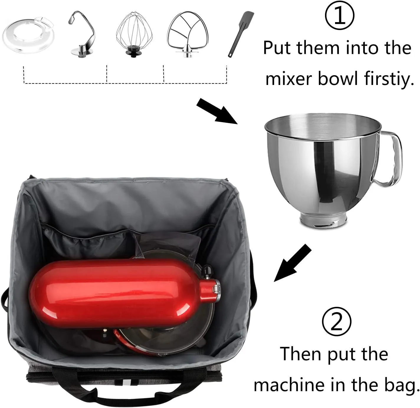 BAGLHER Heavy Duty Kitchen Mixer Cover for 6-8 Quart Stand Mixers, 2-in-1 Shoulder & Hand Carrying Case with Accessory Pockets (15”x10.5”x17”, Grey)