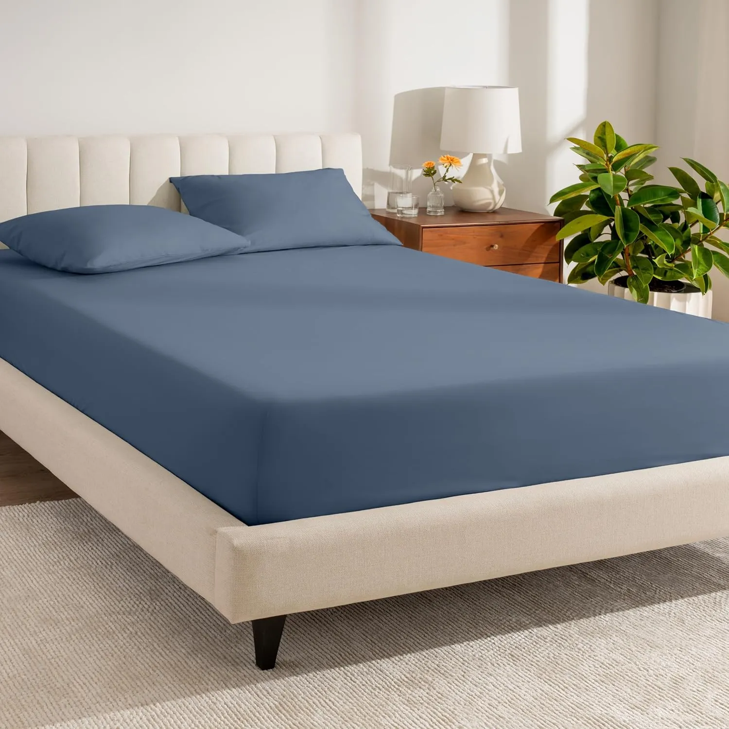 Bare Home 100% Organic Cotton Queen Fitted Sheet - Crisp Percale Weave - 260 Thread Count - Lightweight & Breathable - Deep Pocket Fitted Sheet (Queen, Bering Sea)