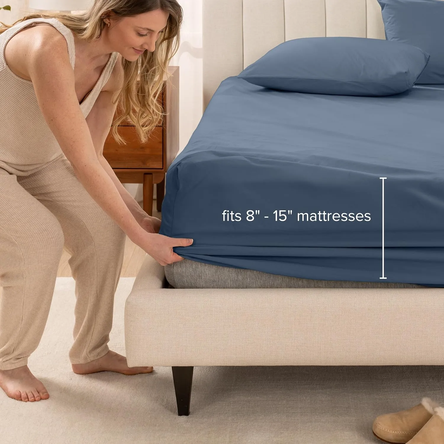 Bare Home 100% Organic Cotton Queen Fitted Sheet - Crisp Percale Weave - 260 Thread Count - Lightweight & Breathable - Deep Pocket Fitted Sheet (Queen, Bering Sea)
