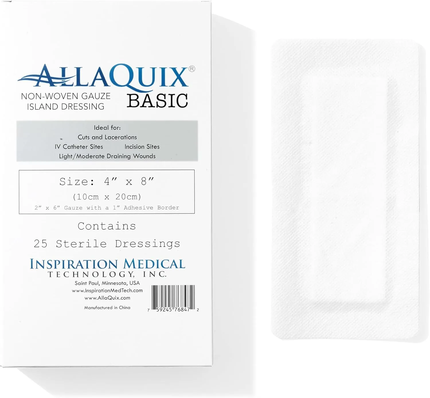 Basic Sterile Gauze Island Dressing 4"x8" Adhesive Border Pads (25 Count) – Non-Stick Wound Dressing for Surgical Aftercare, Incisions, Large Cuts, First Aid, and Light Draining Wounds