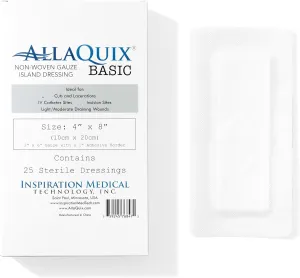 Basic Sterile Gauze Island Dressing 4"x8" Adhesive Border Pads (25 Count) – Non-Stick Wound Dressing for Surgical Aftercare, Incisions, Large Cuts, First Aid, and Light Draining Wounds