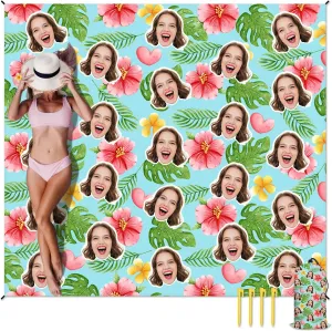 Beach Blanket, Personalized Large Mat with Face Photo, Waterproof Sand Free Beach Essentials for Family Adults, Custom Gifts for Women Men, Packable Blanket for Travel Vacation