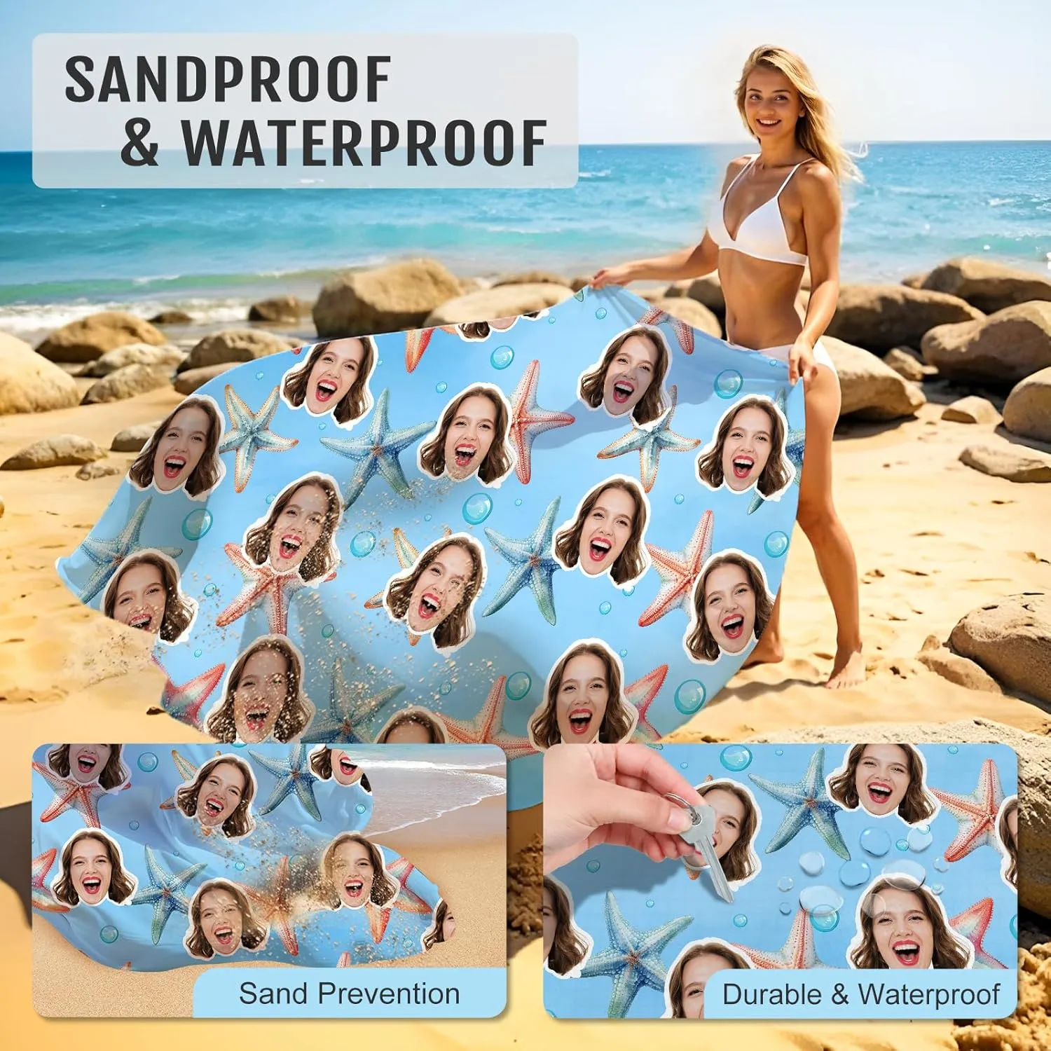 Beach Blanket, Personalized Large Mat with Face Photo, Waterproof Sand Free Beach Essentials for Family Adults, Custom Gifts for Women Men, Packable Blanket for Travel Vacation