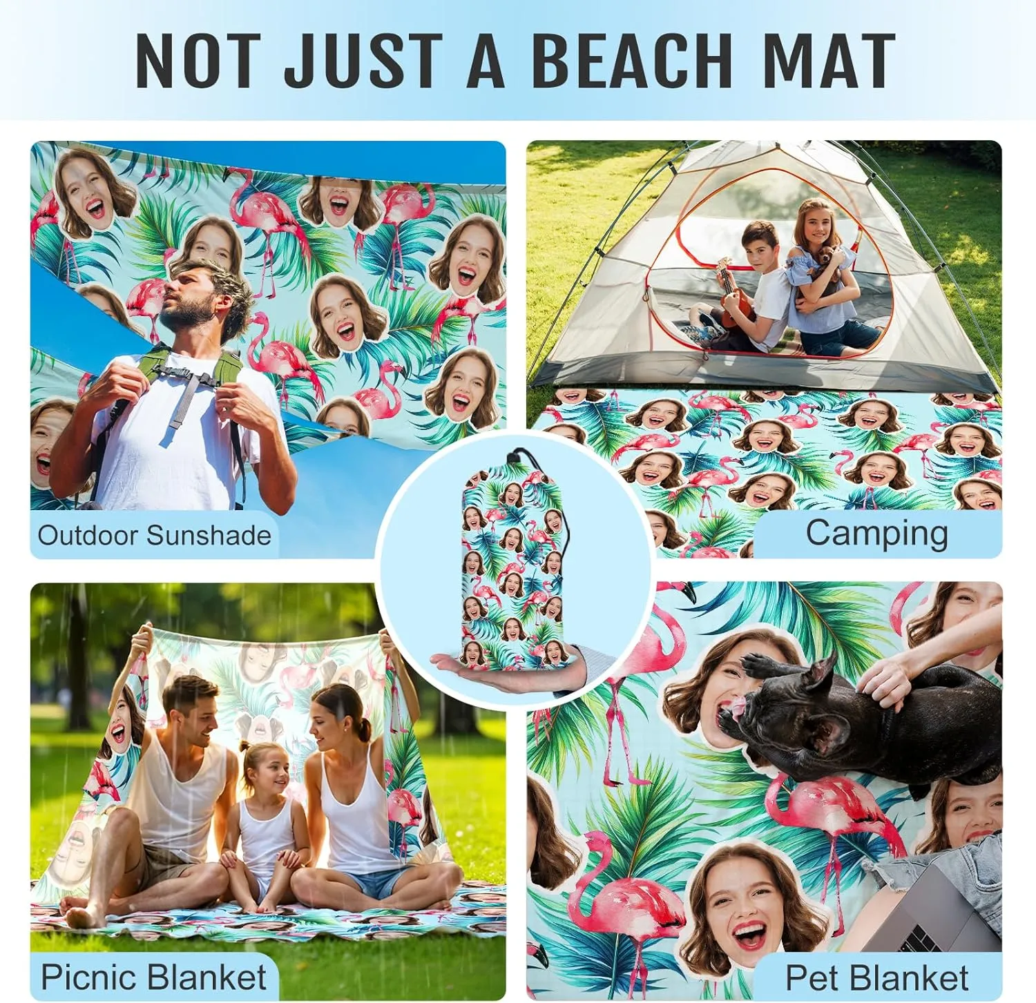 Beach Blanket, Personalized Large Mat with Face Photo, Waterproof Sand Free Beach Essentials for Family Adults, Custom Gifts for Women Men, Packable Blanket for Travel Vacation