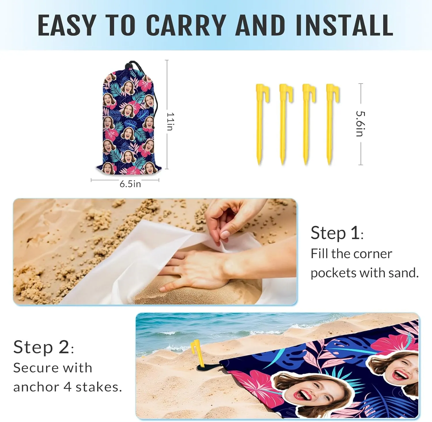 Beach Blanket, Personalized Large Mat with Face Photo, Waterproof Sand Free Beach Essentials for Family Adults, Custom Gifts for Women Men, Packable Blanket for Travel Vacation