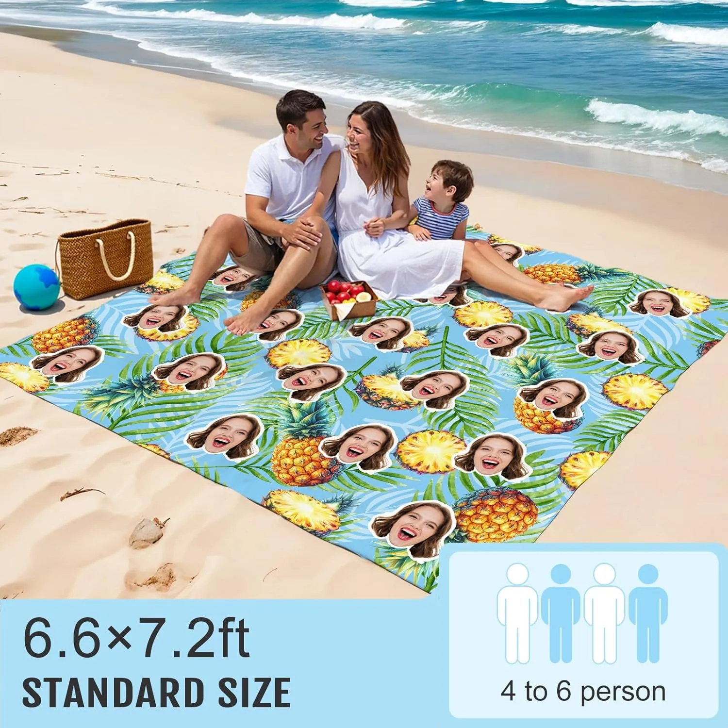 Beach Blanket, Personalized Large Mat with Face Photo, Waterproof Sand Free Beach Essentials for Family Adults, Custom Gifts for Women Men, Packable Blanket for Travel Vacation