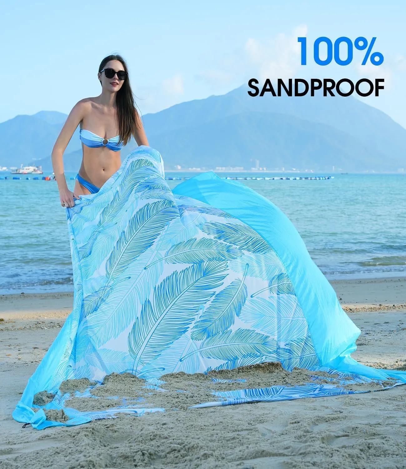 Beach Blanket Waterproof, Sandproof Blanket with Portable Bag for Beach & Picnic, Nylon Beach Mat, Quick Drying, Lightweight with 4 Stakes & 4 Water Bags, Dual Use as Children's Pool Royal Blue