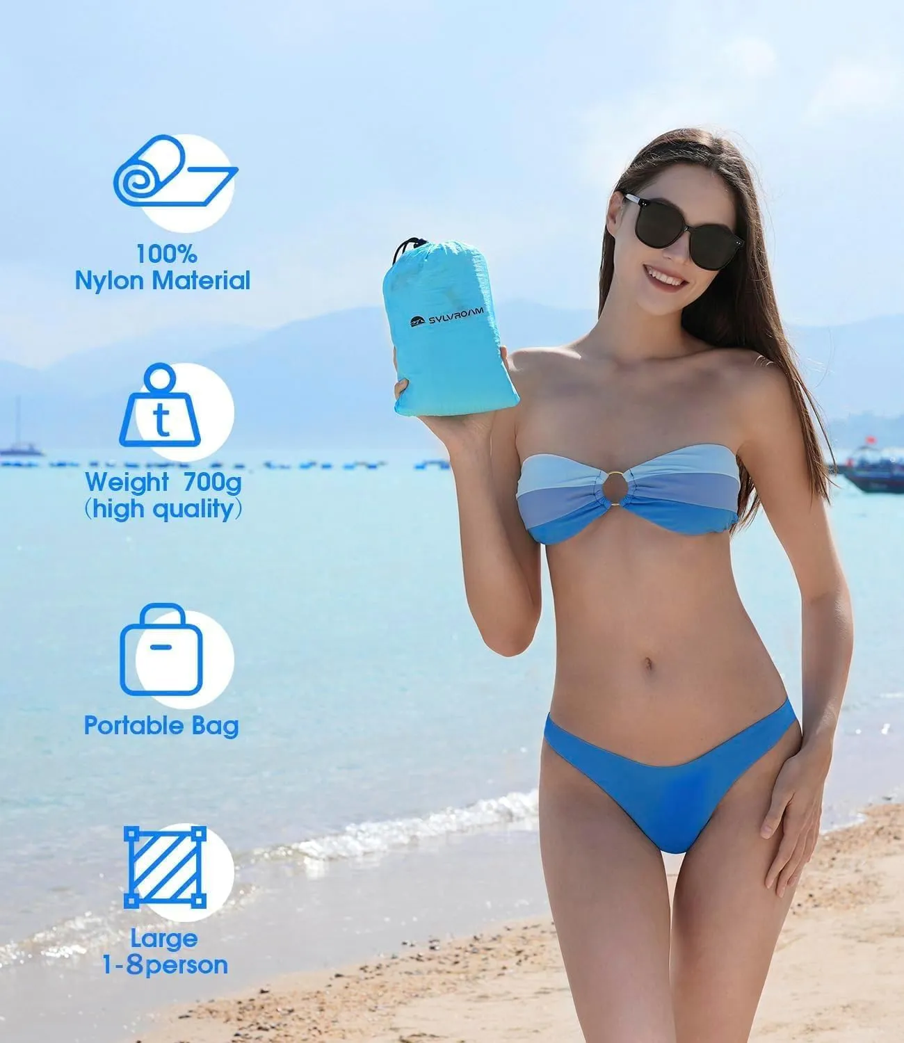 Beach Blanket Waterproof, Sandproof Blanket with Portable Bag for Beach & Picnic, Nylon Beach Mat, Quick Drying, Lightweight with 4 Stakes & 4 Water Bags, Dual Use as Children's Pool Royal Blue