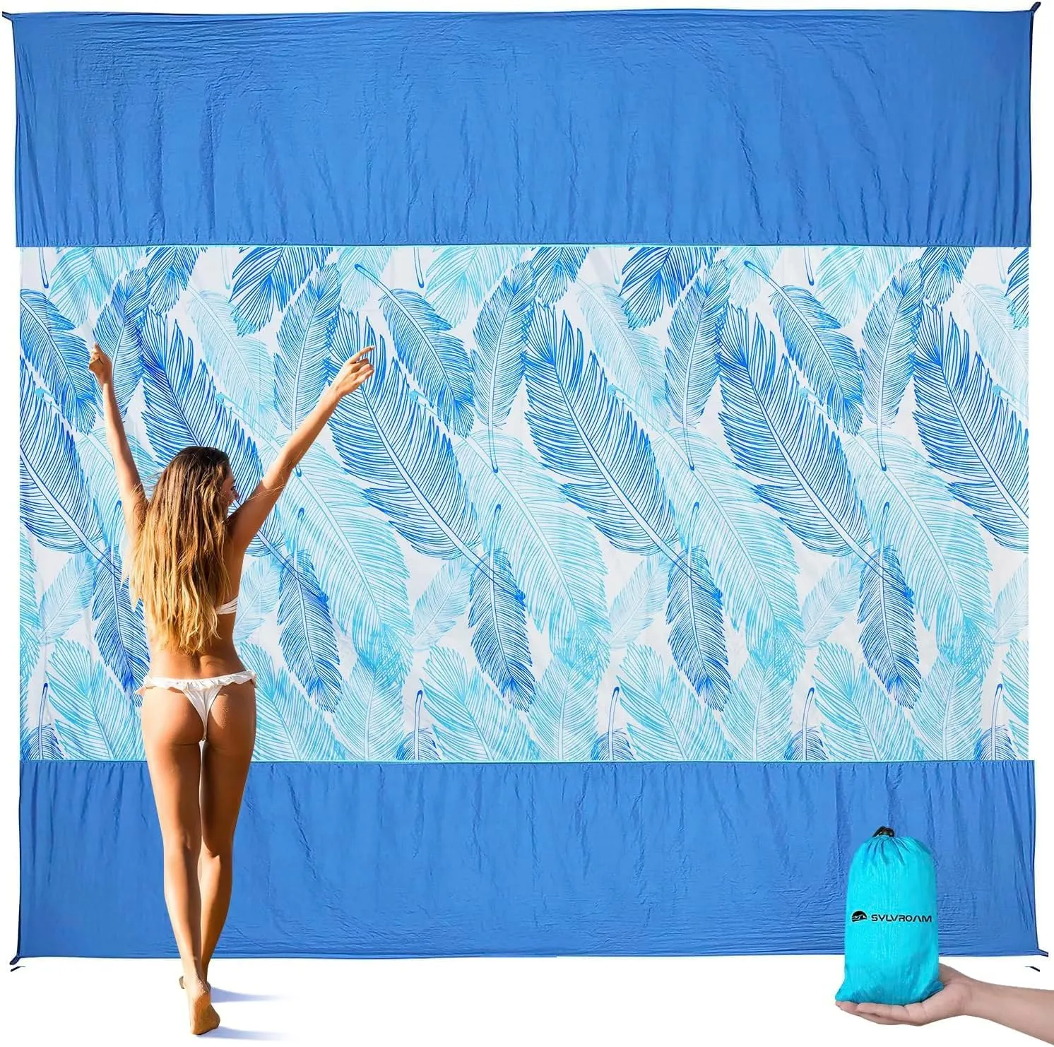 Beach Blanket Waterproof, Sandproof Blanket with Portable Bag for Beach & Picnic, Nylon Beach Mat, Quick Drying, Lightweight with 4 Stakes & 4 Water Bags, Dual Use as Children's Pool Royal Blue