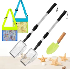 Beach Sand Sifter Set – 2 Retractable Sand Screens, Metal Shovel & 2 Seashell Mesh Bags, Adjustable Handle Scoop Tool for Beachcombing Collecting Shells Shark Teeth Treasure Hunting