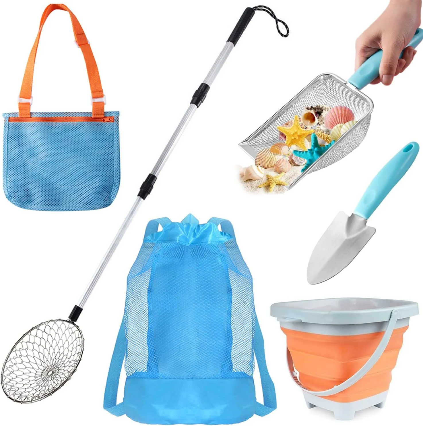 Beach Shell Collecting Bag Set, Mesh Shovel Shell Bags with Foldable Bucket (Blue Edition)