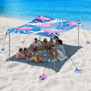 Beach Tent Sun Shelter, 10 x 10 FT Beach Canopy Tent Sun Shade, UPF50  Beach Tent Canopy with 8 Sandbags & 4 Stability Poles, Outdoor Beach Tent for Beach Camping Fishing, Flamingo