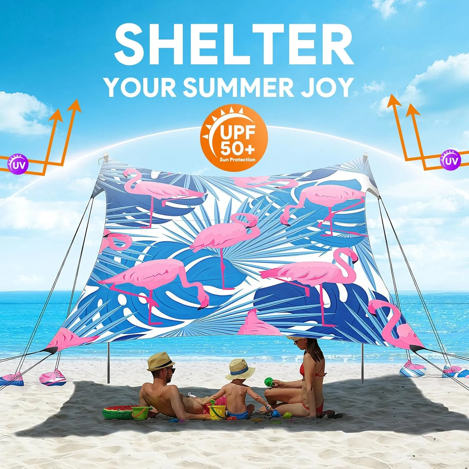 Beach Tent Sun Shelter, 10 x 10 FT Beach Canopy Tent Sun Shade, UPF50  Beach Tent Canopy with 8 Sandbags & 4 Stability Poles, Outdoor Beach Tent for Beach Camping Fishing, Flamingo