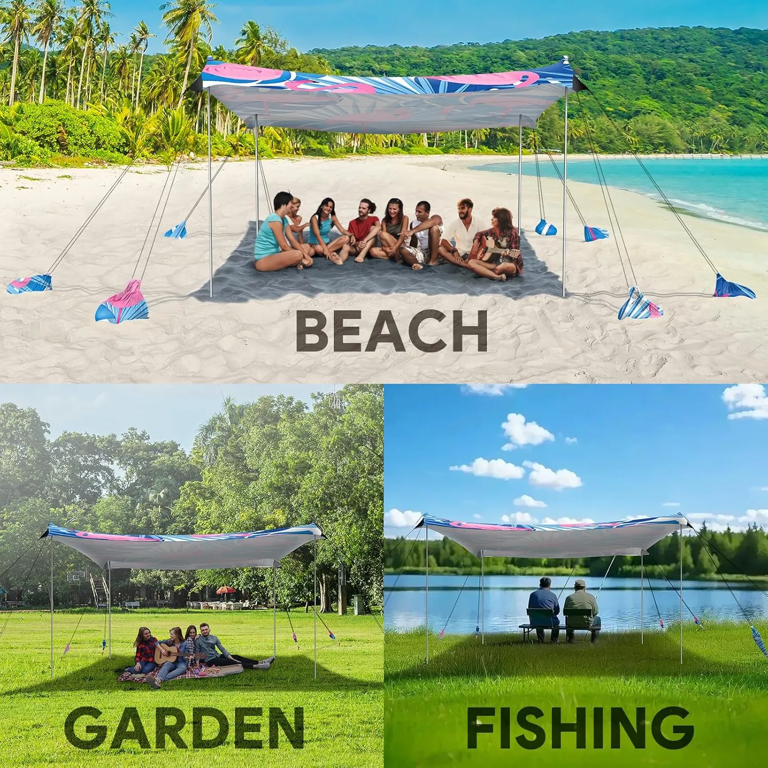 Beach Tent Sun Shelter, 10 x 10 FT Beach Canopy Tent Sun Shade, UPF50  Beach Tent Canopy with 8 Sandbags & 4 Stability Poles, Outdoor Beach Tent for Beach Camping Fishing, Flamingo