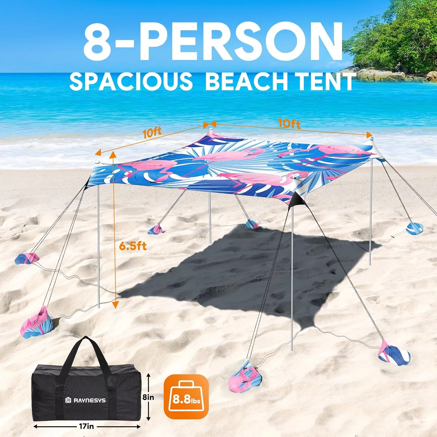 Beach Tent Sun Shelter, 10 x 10 FT Beach Canopy Tent Sun Shade, UPF50  Beach Tent Canopy with 8 Sandbags & 4 Stability Poles, Outdoor Beach Tent for Beach Camping Fishing, Flamingo