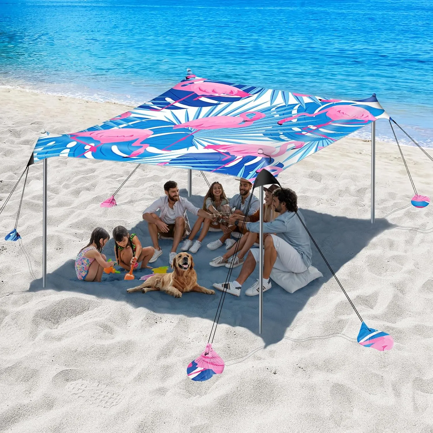 Beach Tent Sun Shelter, 10 x 10 FT Beach Canopy Tent Sun Shade, UPF50  Beach Tent Canopy with 8 Sandbags & 4 Stability Poles, Outdoor Beach Tent for Beach Camping Fishing, Flamingo
