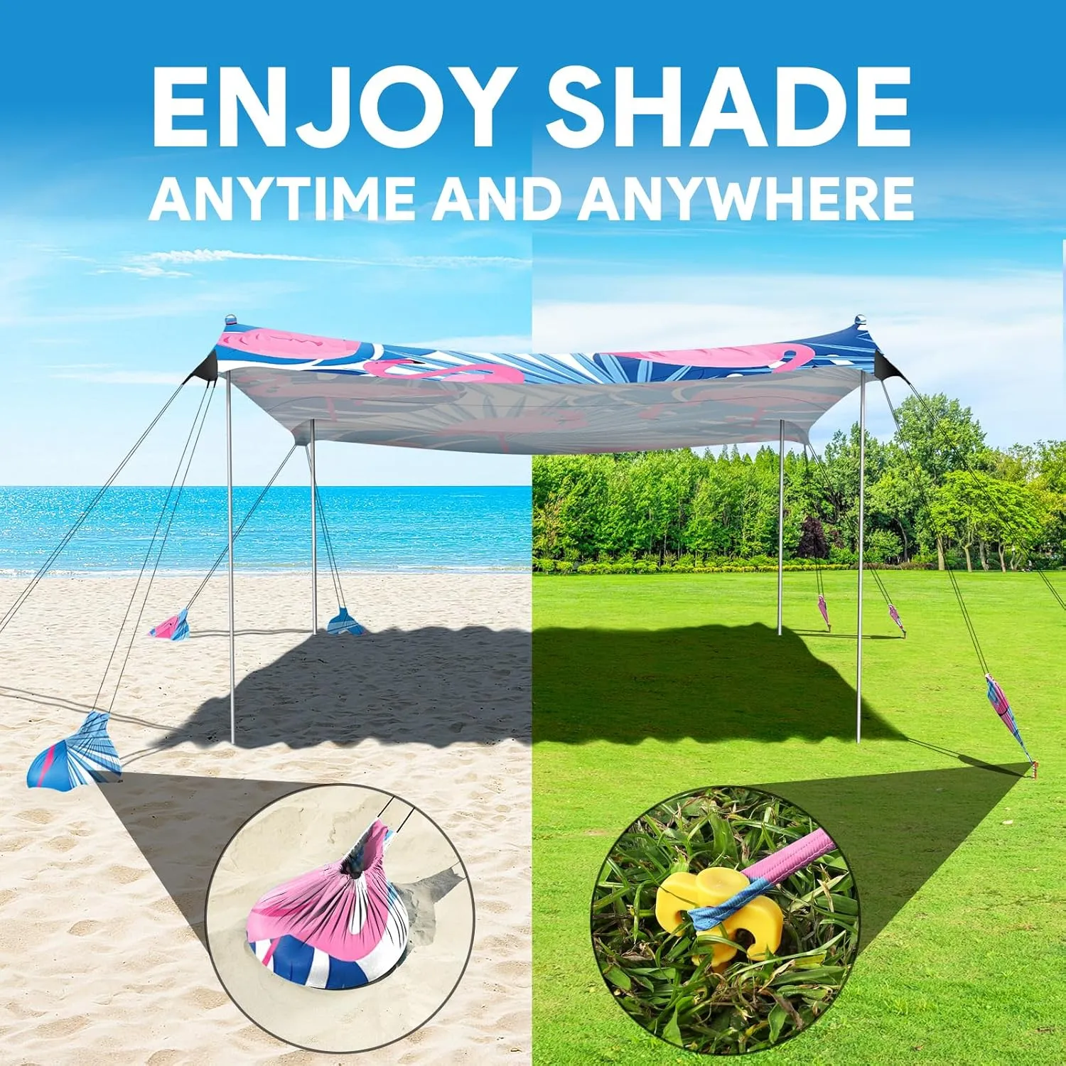 Beach Tent Sun Shelter, 10 x 10 FT Beach Canopy Tent Sun Shade, UPF50  Beach Tent Canopy with 8 Sandbags & 4 Stability Poles, Outdoor Beach Tent for Beach Camping Fishing, Flamingo