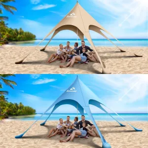 Beach Tent Sun Shelter & Portable Beach Canopy UPF 80  UV Protection, Beach Shade Canopy with 6 Sandbags, Sand Shovel Ground Pegs for Outdoor Camping, Picnics (12x12ft, Sky Blue  Beige)