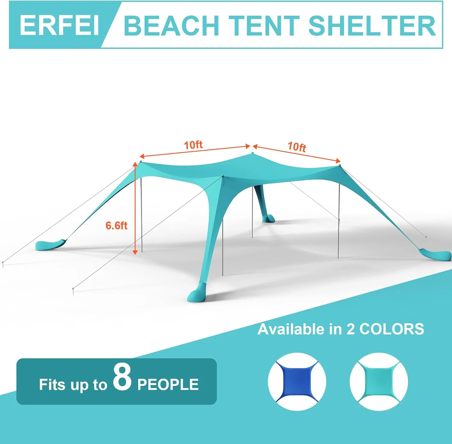 Beach Tent Sun Shelter UPF50  with Sandbags, Sand Shovel & Windproof Poles - Portable Pop Up Canopy for Beach, Camping, Picnics, Backyard & Fishing (Cyan,10x10FT)