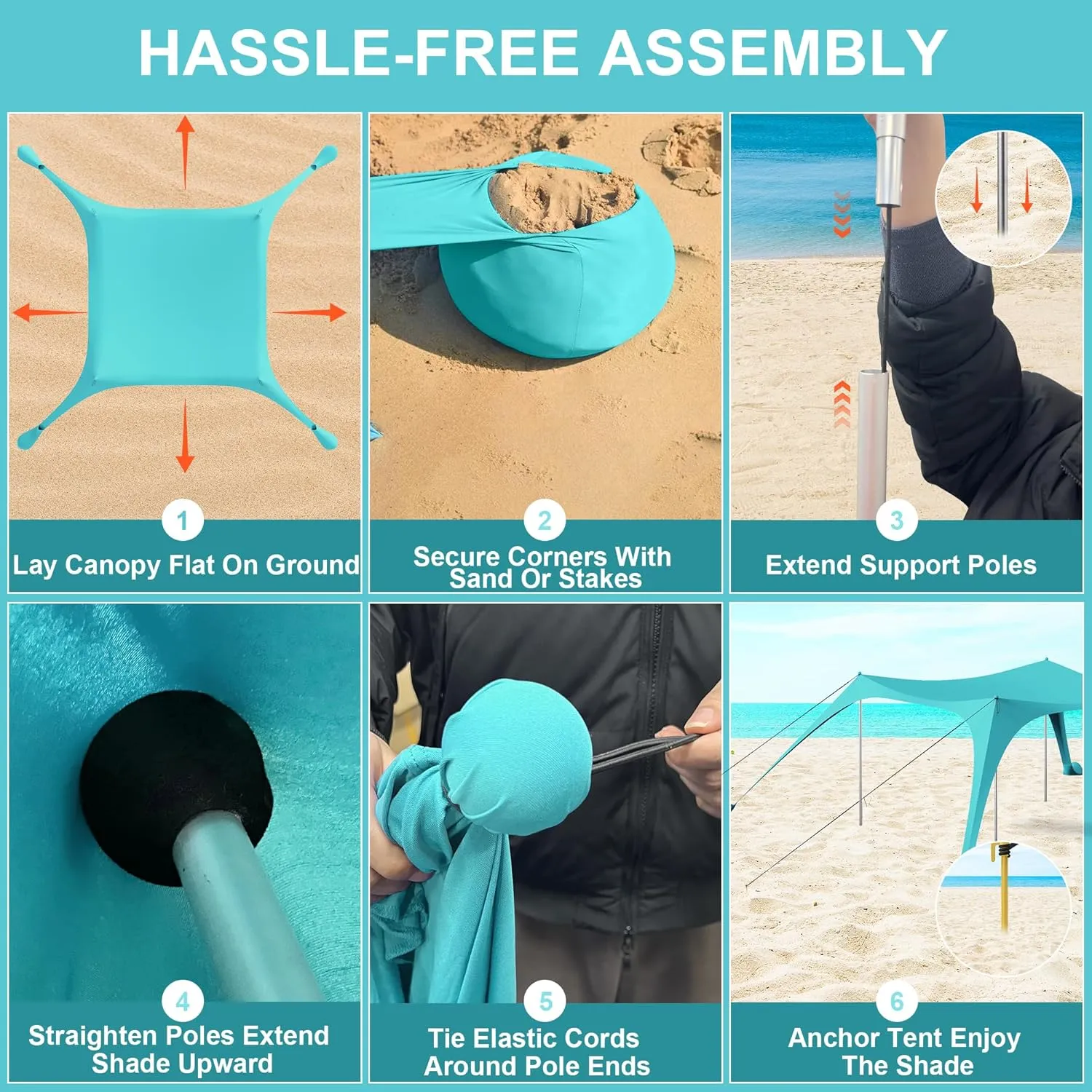 Beach Tent Sun Shelter UPF50  with Sandbags, Sand Shovel & Windproof Poles - Portable Pop Up Canopy for Beach, Camping, Picnics, Backyard & Fishing (Cyan,10x10FT)