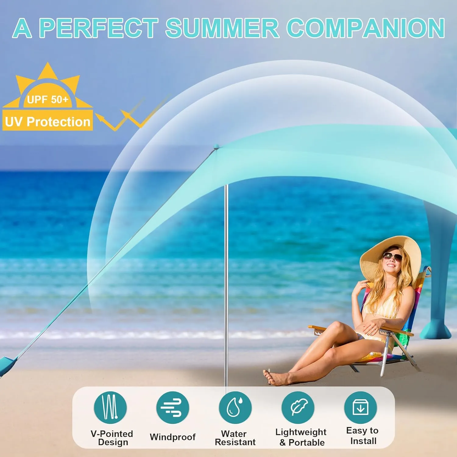 Beach Tent Sun Shelter UPF50  with Sandbags, Sand Shovel & Windproof Poles - Portable Pop Up Canopy for Beach, Camping, Picnics, Backyard & Fishing (Cyan,10x10FT)