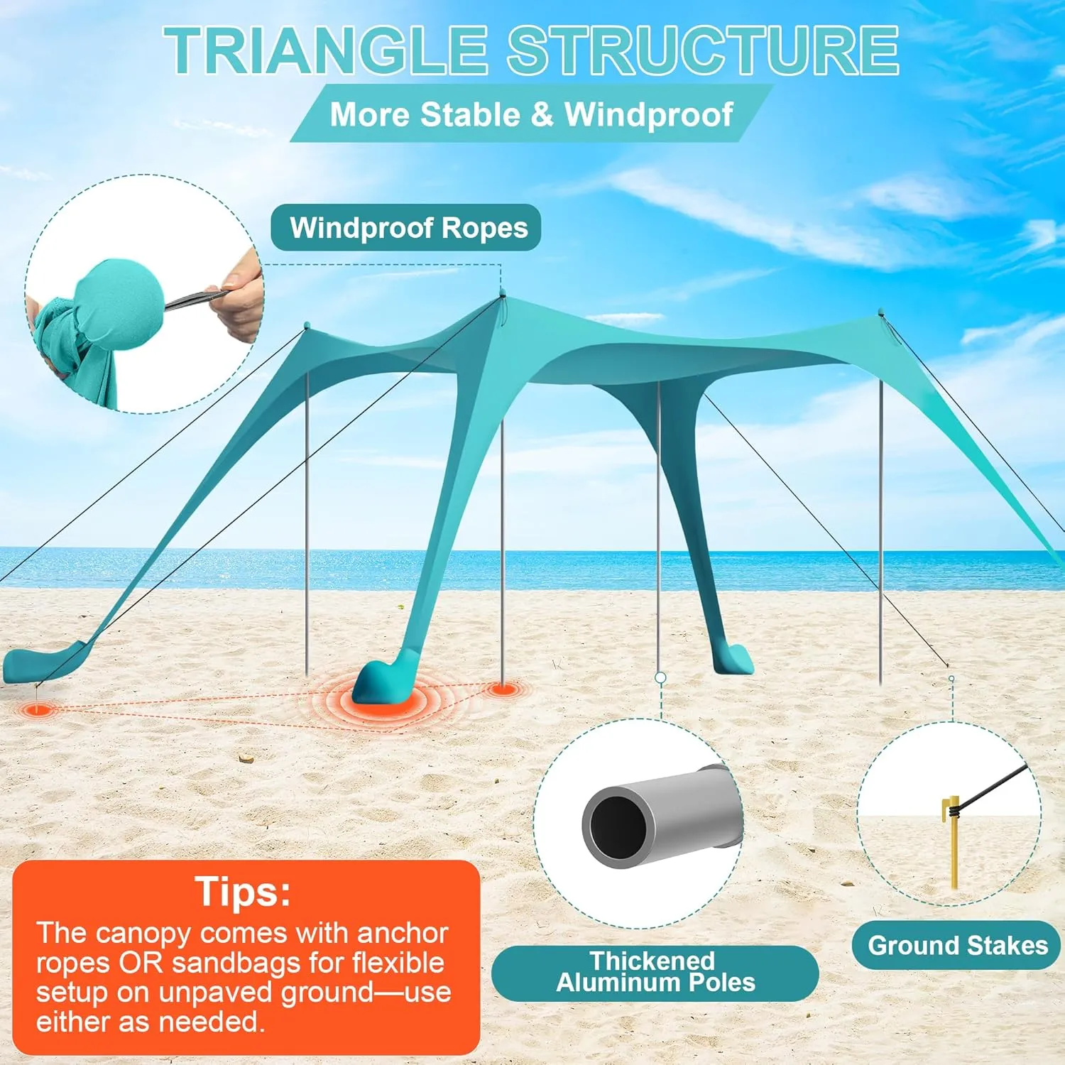 Beach Tent Sun Shelter UPF50  with Sandbags, Sand Shovel & Windproof Poles - Portable Pop Up Canopy for Beach, Camping, Picnics, Backyard & Fishing (Cyan,10x10FT)