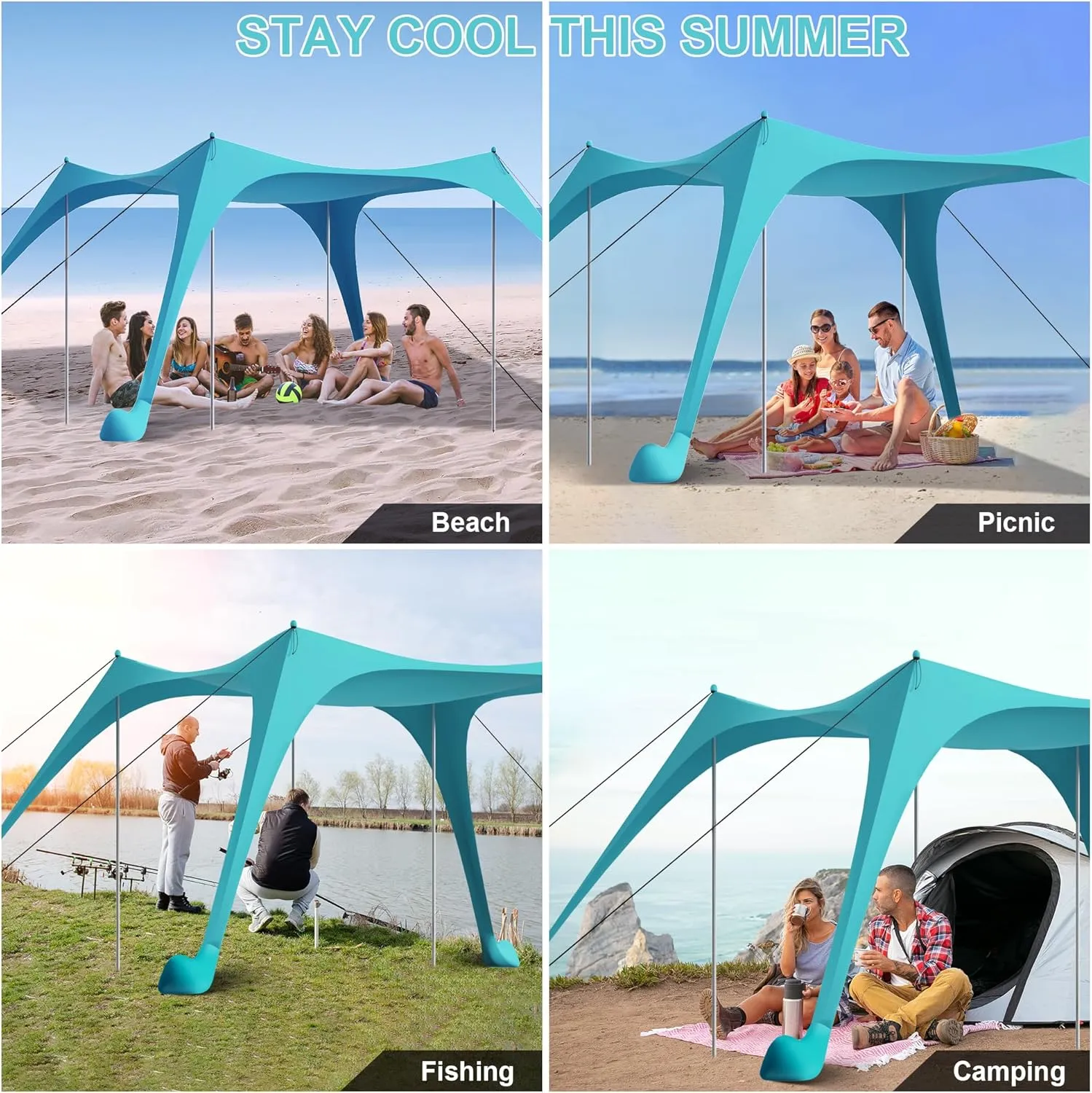 Beach Tent Sun Shelter UPF50  with Sandbags, Sand Shovel & Windproof Poles - Portable Pop Up Canopy for Beach, Camping, Picnics, Backyard & Fishing (Cyan,10x10FT)
