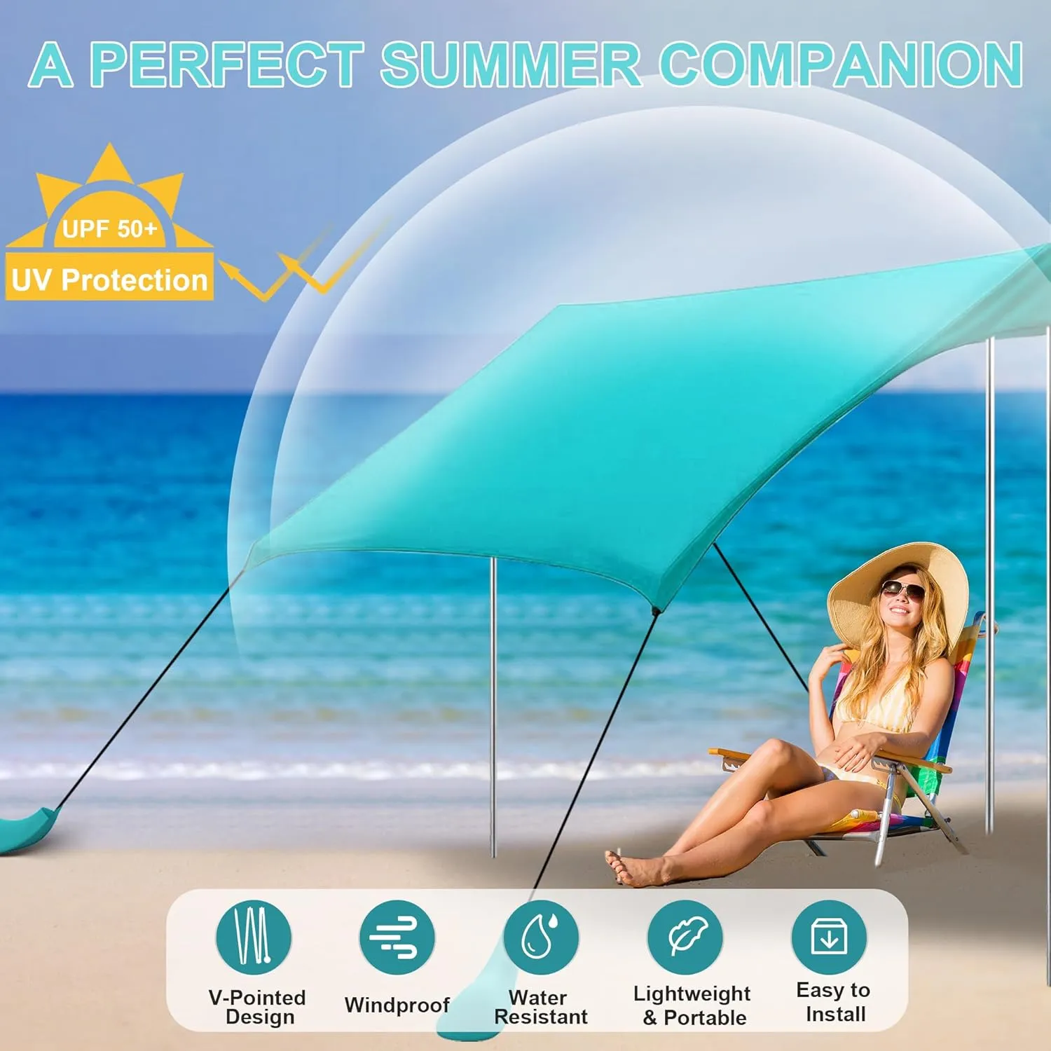 Beach Tent Sun Shelter UPF50  with Sandbags, Sand Shovel & Windproof Poles - Portable Pop Up Canopy for Beach, Camping, Picnics, Backyard & Fishing (Cyan,6.9x6.5FT)