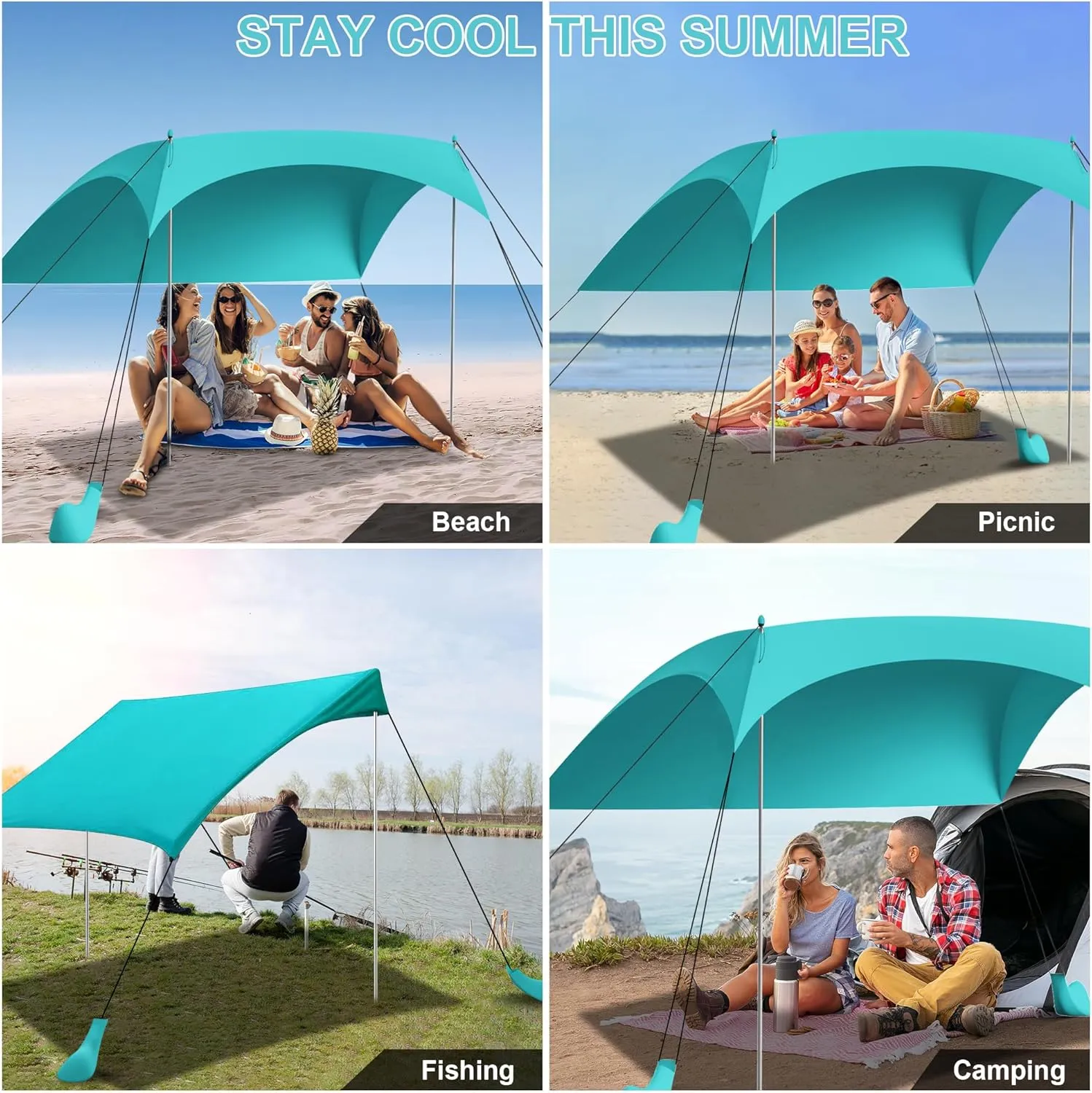 Beach Tent Sun Shelter UPF50  with Sandbags, Sand Shovel & Windproof Poles - Portable Pop Up Canopy for Beach, Camping, Picnics, Backyard & Fishing (Cyan,6.9x6.5FT)