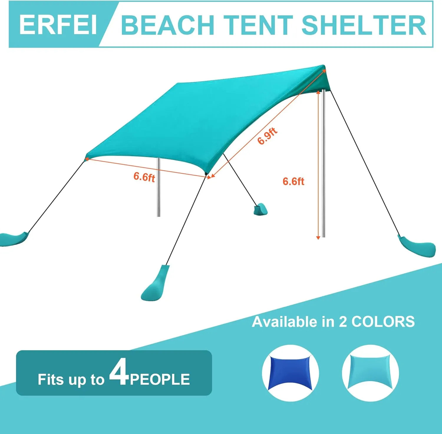 Beach Tent Sun Shelter UPF50  with Sandbags, Sand Shovel & Windproof Poles - Portable Pop Up Canopy for Beach, Camping, Picnics, Backyard & Fishing (Cyan,6.9x6.5FT)