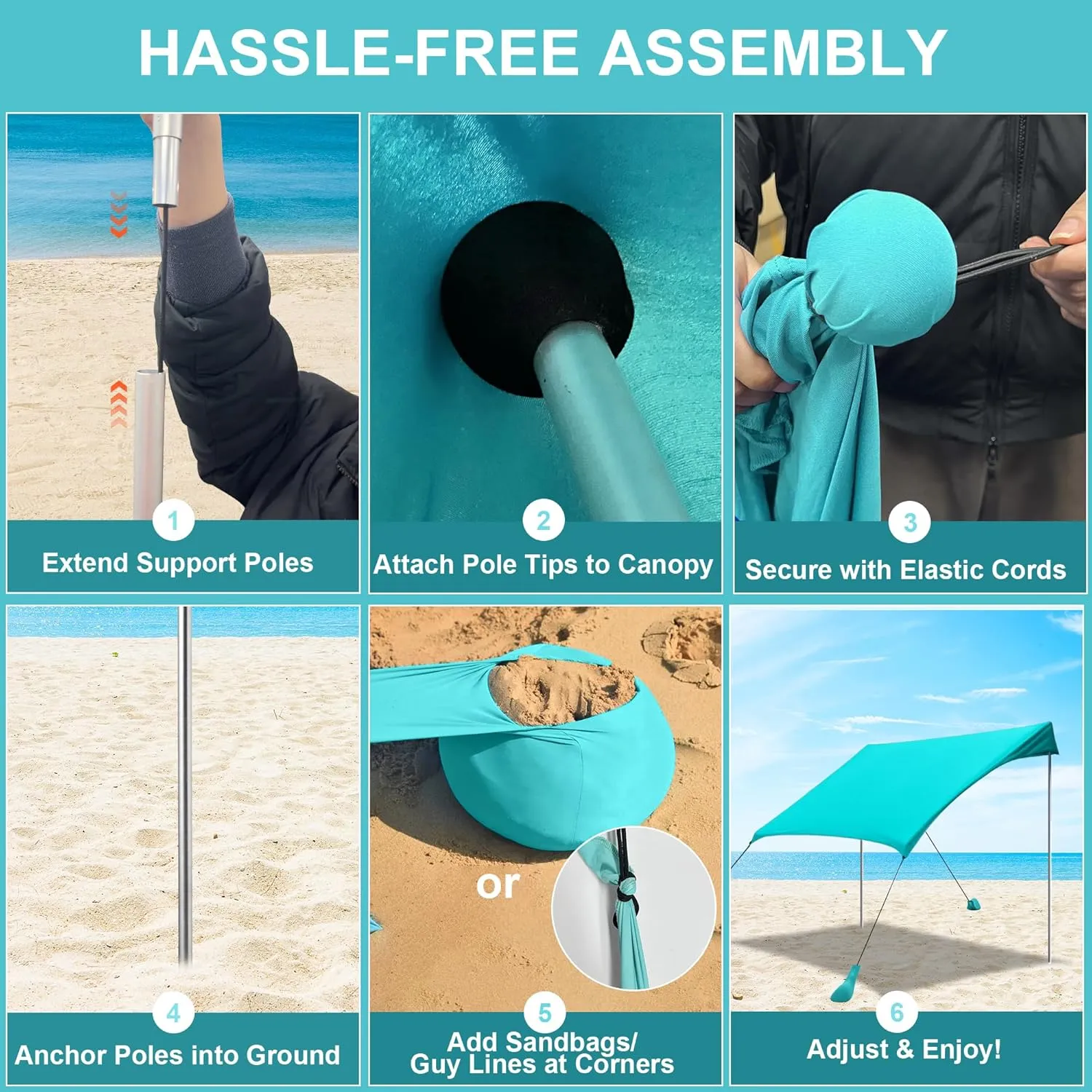 Beach Tent Sun Shelter UPF50  with Sandbags, Sand Shovel & Windproof Poles - Portable Pop Up Canopy for Beach, Camping, Picnics, Backyard & Fishing (Cyan,6.9x6.5FT)