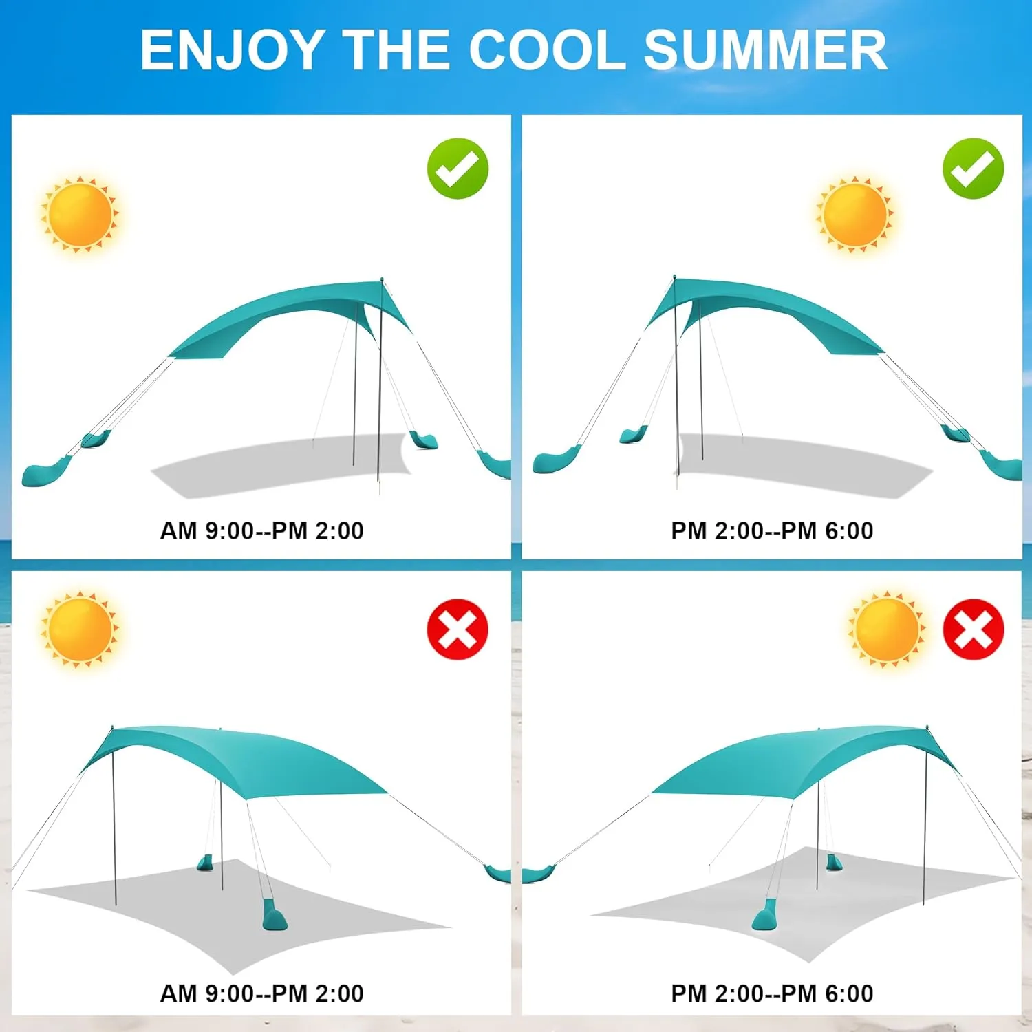 Beach Tent Sun Shelter UPF50  with Sandbags, Sand Shovel & Windproof Poles - Portable Pop Up Canopy for Beach, Camping, Picnics, Backyard & Fishing (Cyan,6.9x6.5FT)