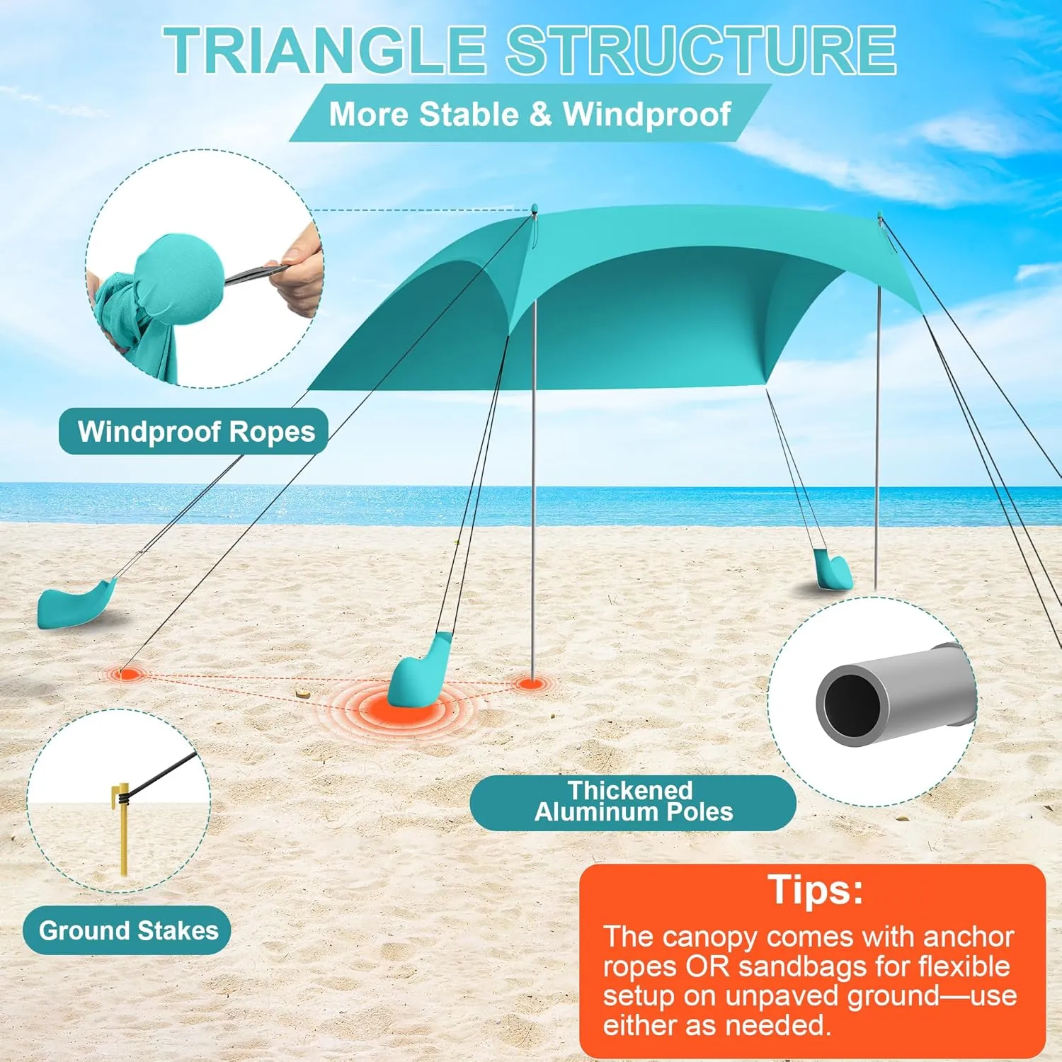Beach Tent Sun Shelter UPF50  with Sandbags, Sand Shovel & Windproof Poles - Portable Pop Up Canopy for Beach, Camping, Picnics, Backyard & Fishing (Cyan,6.9x6.5FT)