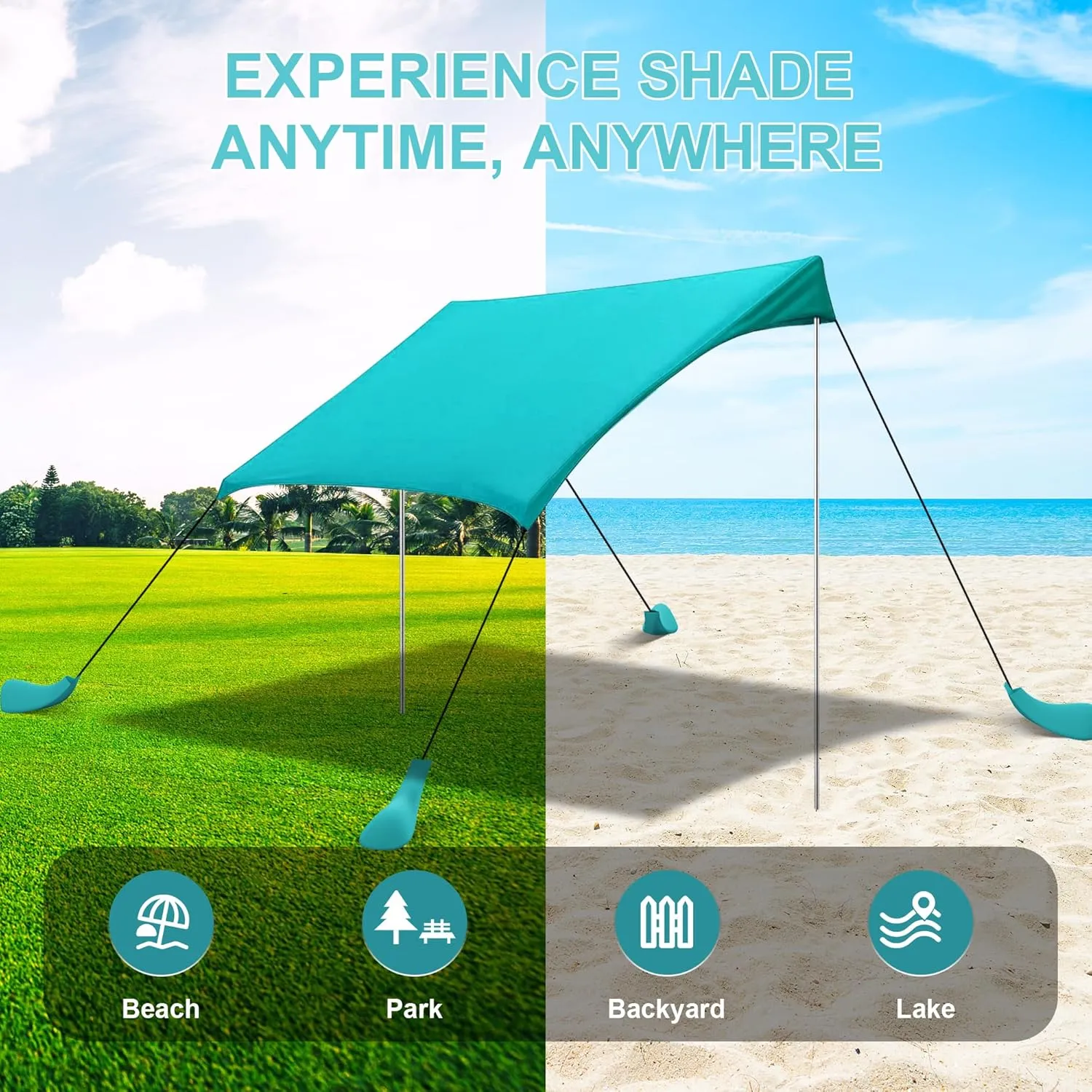 Beach Tent Sun Shelter UPF50  with Sandbags, Sand Shovel & Windproof Poles - Portable Pop Up Canopy for Beach, Camping, Picnics, Backyard & Fishing (Cyan,6.9x6.5FT)
