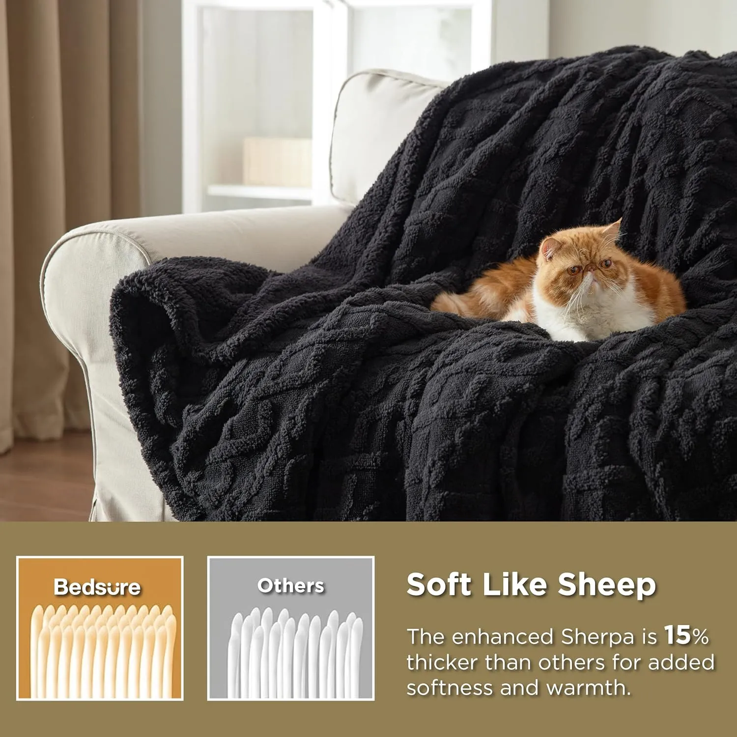 Bedsure Sherpa Fleece Throw Blanket for Couch - Fuzzy Soft Cozy Cable Throw for Women, Thick Warm Blanket for Winter, Black, 50x60 Inches